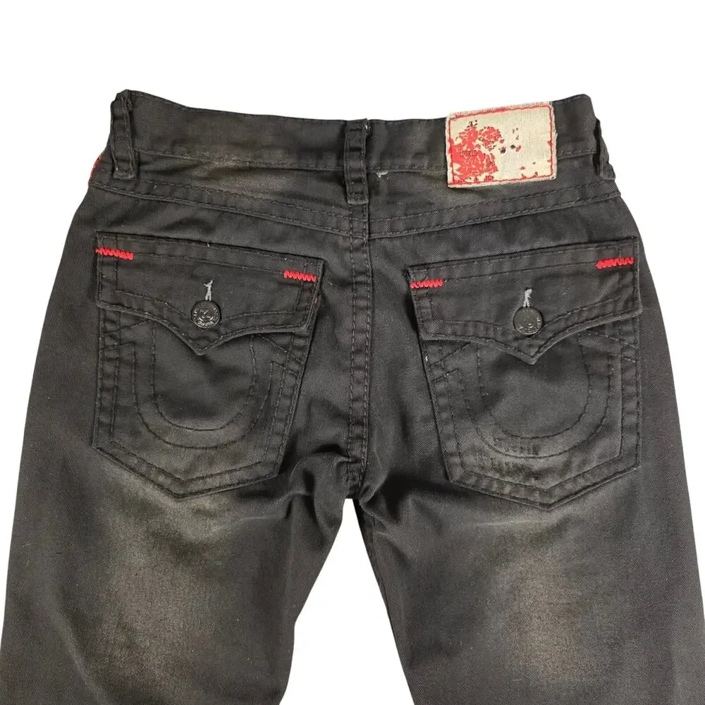 True Religion Ricky Super T Jeans 36x32 Wounded Fox Black Red Stitch USA